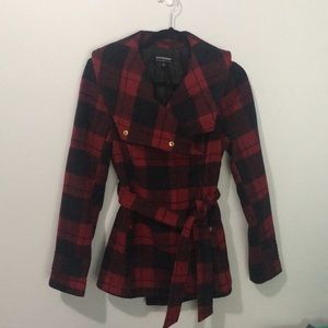 Plaid jacket with gold snaps and waist tie belt